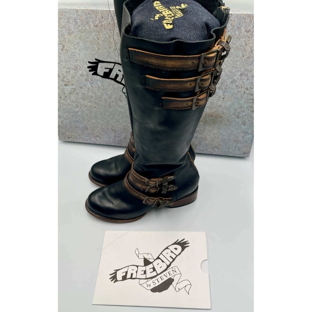Freebird by Steven Raylene Black Leather Moto Tall Buckle Boots Womens 8